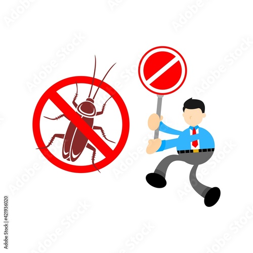 businessman worker chase away stop Cockroach pest insect cartoon doodle flat design style vector illustration