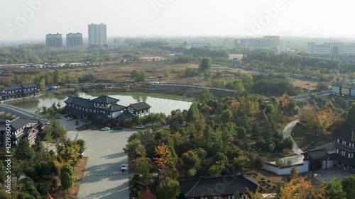 On the afternoon of autumn, we took aerial photos of the antique buildings in the scenic spot of Xiangwang's hometown in Suqian, Jiangsu Province photo