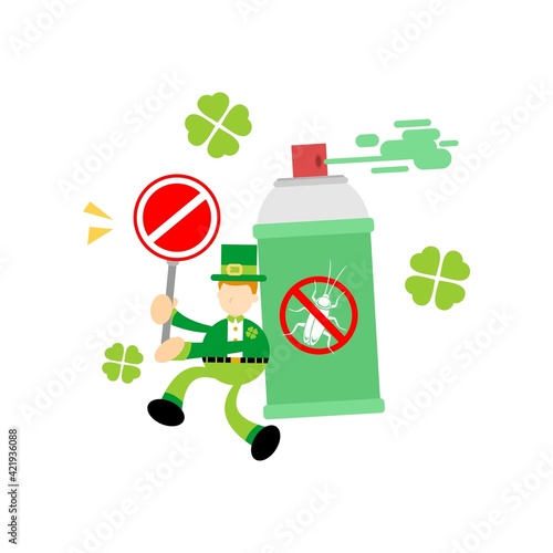 leprechaun shamrock celtic eradicate cockroach bug spray insecticide cartoon doodle flat design style vector illustration