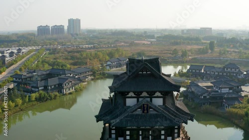 Aerial photograph of Kuixing building in the hometown of Xiang Wang in Suqian, Jiangsu Province, China on a sunny autumn afternoon photo