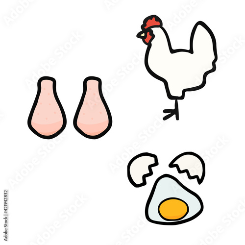 シンプルでかわいい鶏と鶏肉と鶏卵のイラストセット 手書き風