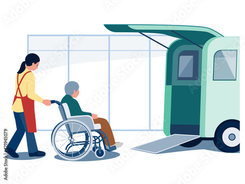 通所介護（デイサービス）に通う車椅子の高齢者と介護スタッフのベクターイラスト