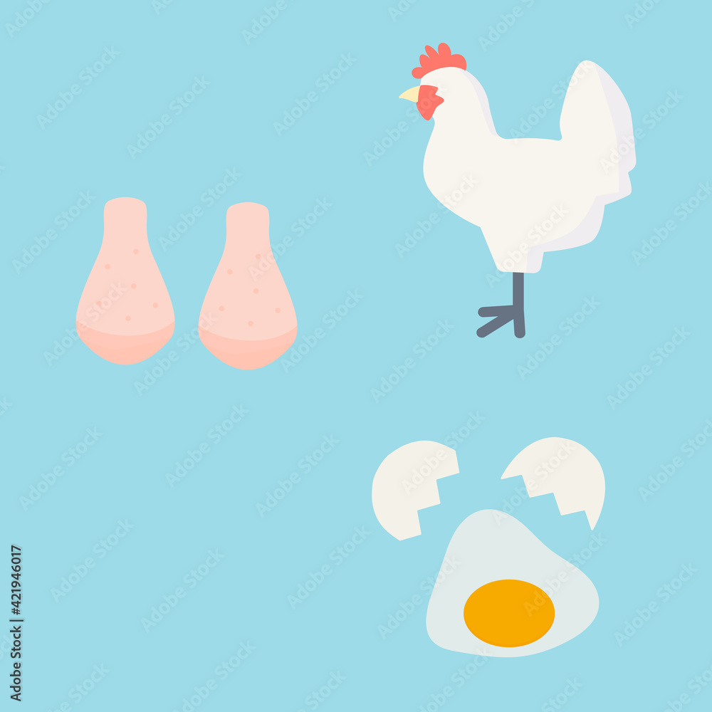 シンプルでかわいい鶏と鶏卵と鶏肉のイラストセット フラットデザイン Stock Vektorgrafik Adobe Stock
