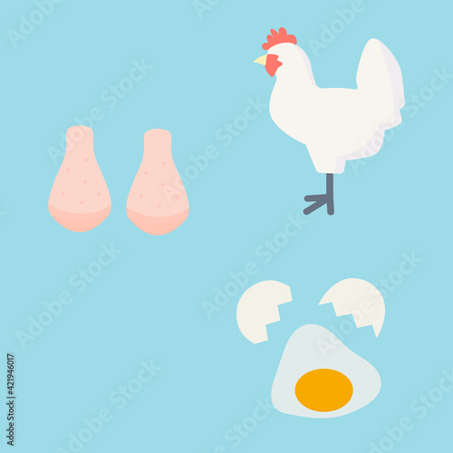 シンプルでかわいい鶏と鶏卵と鶏肉のイラストセット フラットデザイン