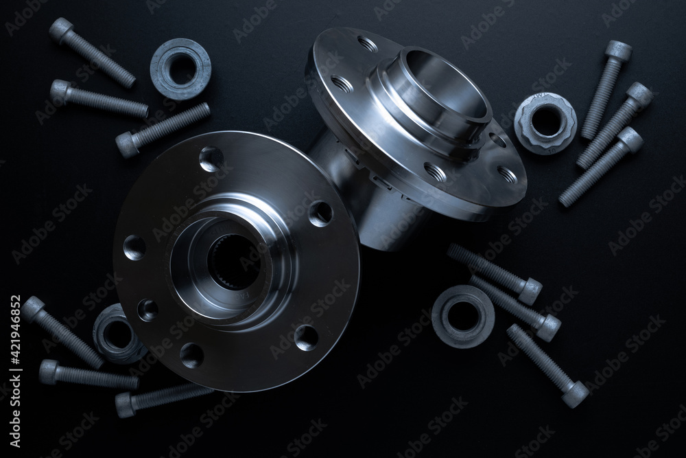 Repair service. Auto motor mechanic spare or automotive piece on dark background. Set of new metal car part. Repair and vehicle service with space for text. Repair service. Auto motor mechanic spare or automotive piece on dark background. Set of new metal car part. Repair and vehicle service with space for text.