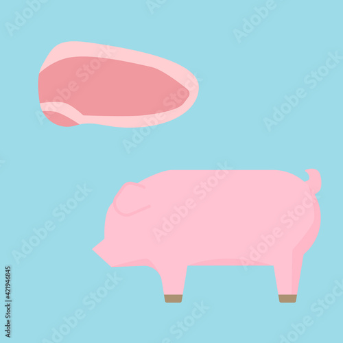 シンプルでかわいい豚と豚肉のイラストセット フラットデザイン