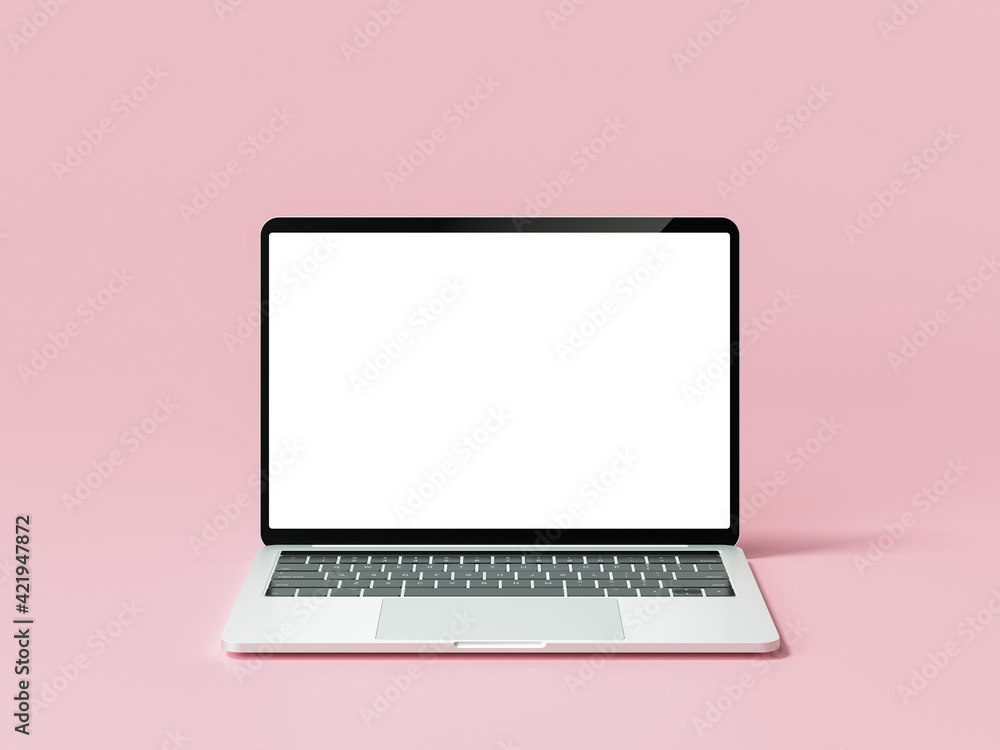 Laptop computer front view with blank white screen isolated on pink background. 3d render illustration - obrazy, fototapety, plakaty 