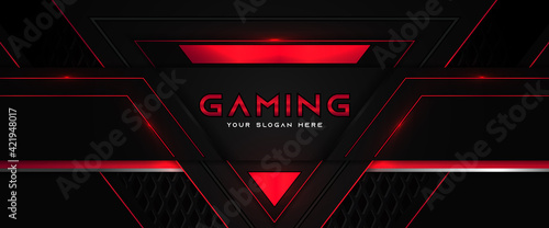 Futuristic black and red gaming banner design template with metal technology concept. Vector illustration for business corporate promotion, game header social media, live streaming background