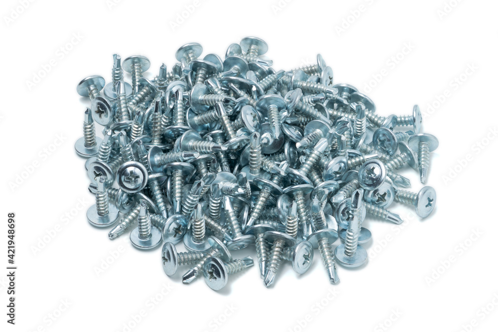 Self-tapping screws with drill and flat head on white background. Isolated. Self-tapping screws with drill and flat head on white background. Isolated.