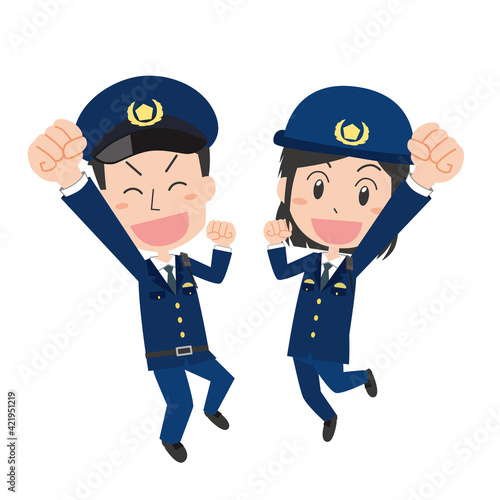 ジャンプする男女警察官