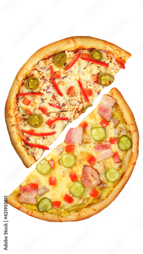 Pizza, two halves isolated on a white background. Versus concept. Appetizing pizza. Pizza, two halves isolated on a white background. Versus concept. Appetizing pizza.