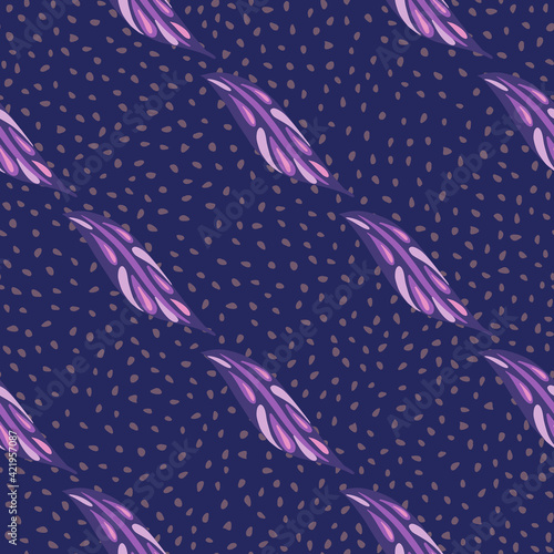 Creative abstract nature seamless pattern with diagonal leaf ornament in purple color. Dotted background.