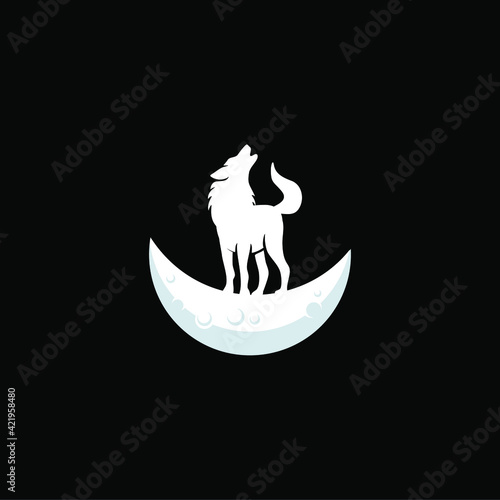 silhouette illustration of wolf at the moon. 
Wild animal howling at night logo 