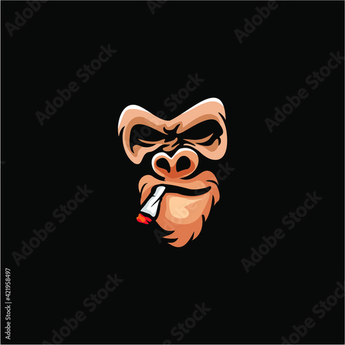 Angry gorilla in monochrome style with cigarette on mouth. Vector vintage illustration