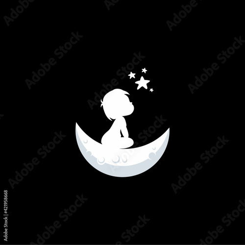 boy staring Star on the moon Logo, dream Template Design, Emblem, 
Design Concept, Creative Symbol