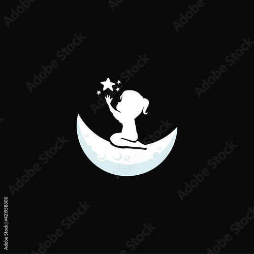 little girl with Star on the moon Logo, dream Template Design, Emblem, 
Design Concept, Creative Symbol