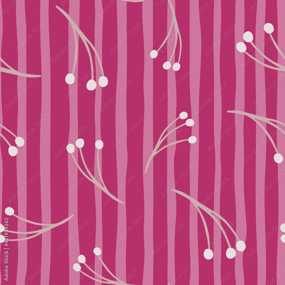 Blossom seamless pattern with random branches berry ornament. Pink striped background. Spring print.