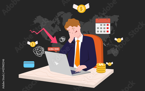 global crisis economy concept businessman stress front laptop background of black world map with flat cartoon style