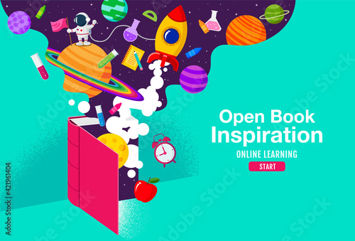 Book Inspiration, Online Learning, study from home, back to school, flat design vector.