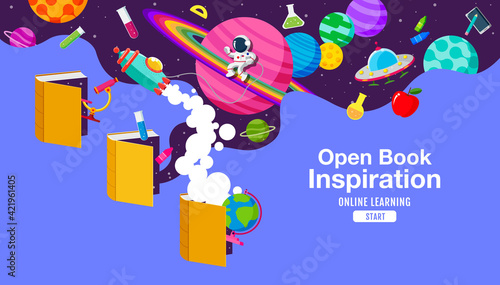 Book Inspiration, Online Learning, study from home, back to school, flat design vector.