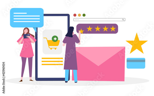 women give feedback comment star for product commerce use smartphone with flat cartoon style