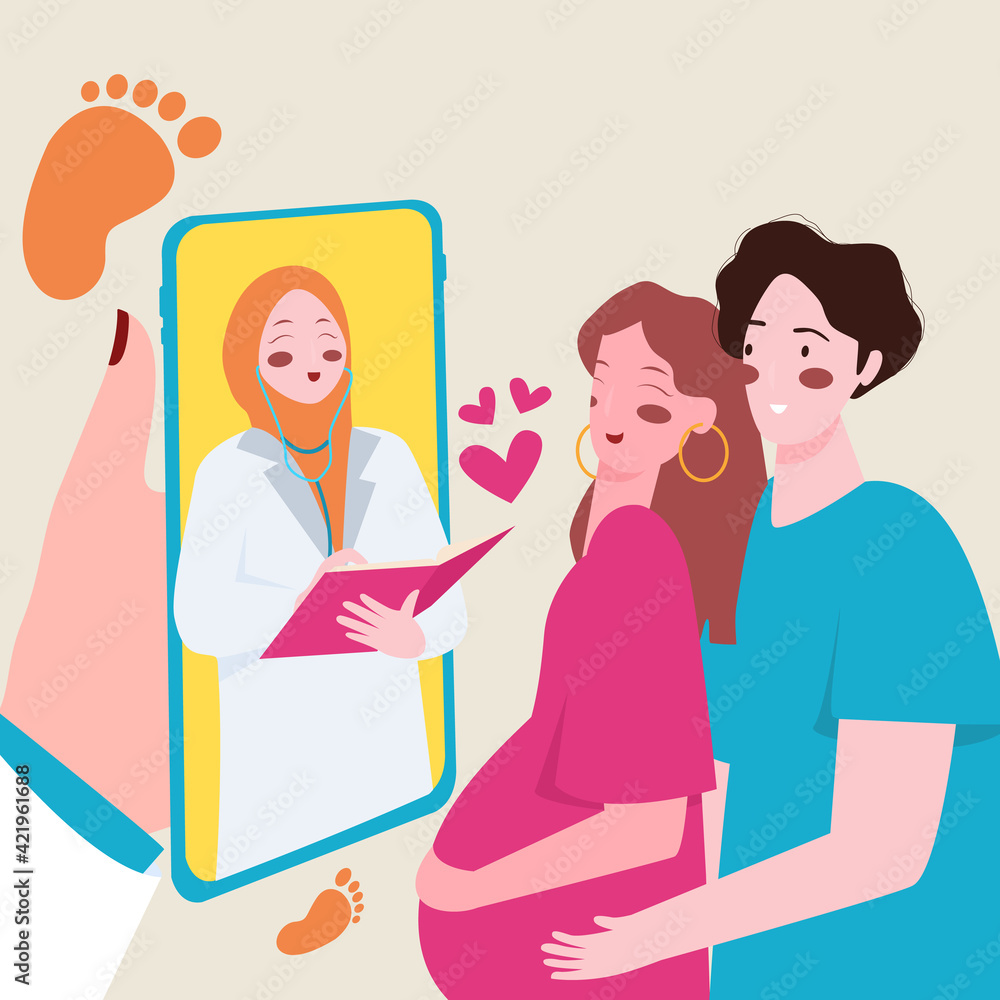 pregnant woman and husband online consultation with female obstetrician use smartphone color flat cartoon style pregnant woman and husband online consultation with female obstetrician use smartphone color flat cartoon style