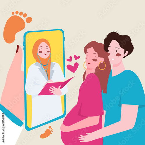 pregnant woman and husband online consultation with female obstetrician use smartphone color flat cartoon style