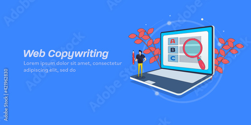 Web copywriting, blogger making content for business, blog post, freelance article writing, content writing service on internet. Isometric style line web banner.