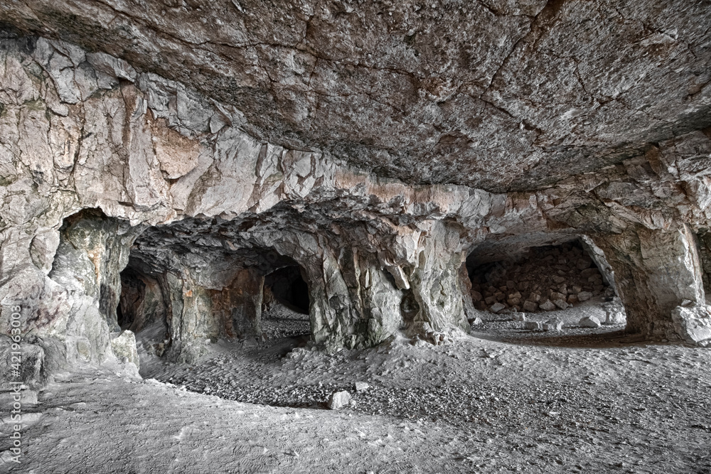 Inside the old abandoned limestone mining adits.