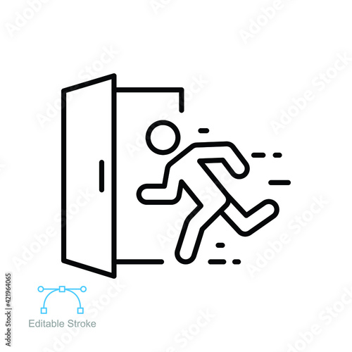 Emergency exit icon. direction arrow sign safety symbol. Safe condition, escape route sign. fire door, safe way. outline style Editable stroke vector illustration design on white background. EPS 10