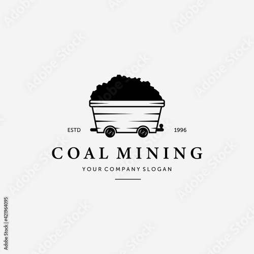Simple Vintage Mine Cart Logo, Illustration Design of Mining Trolley Concept, Vector of Flat Sand Mining Cart Concept