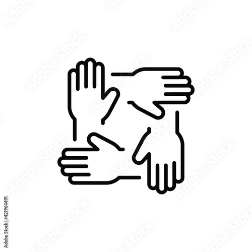 Four hands teamwork icon. Symbol of team work  charity organization  donation community  unity equality. four connected support. outline style vector illustration design on white background EPS 10