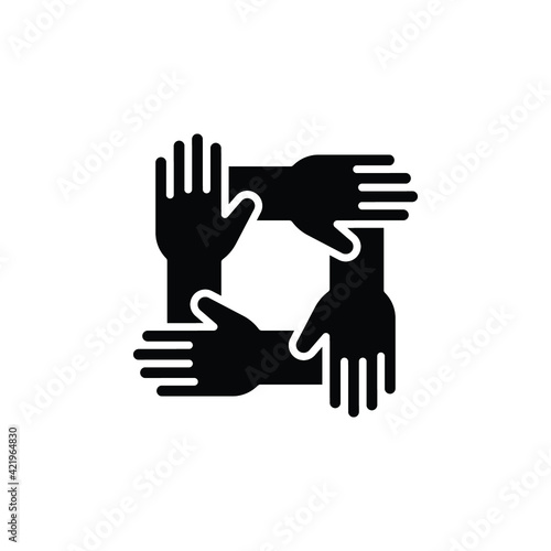 Four hands teamwork icon. Symbol of team work  support  charity organization  donation community  unity equality. four connected hands. Solid style vector illustration design on white background EPS10
