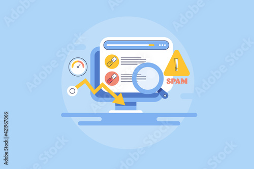 Website analysis, website link profile, spam link detection software checking, poor search engine ranking and high bounce rate, comment spam concept. Outline style web banner.