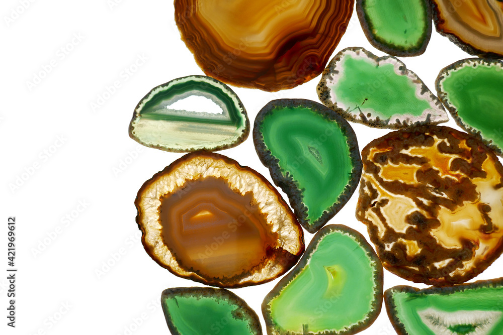 green and brown agate stones set. slices of natural stone isolated on white background. Agate pattern In light green and brown tones.Texture of natural stone agate.Agate geode crystal. green and brown agate stones set. slices of natural stone isolated on white background. Agate pattern In light green and brown tones.Texture of natural stone agate.Agate geode crystal.