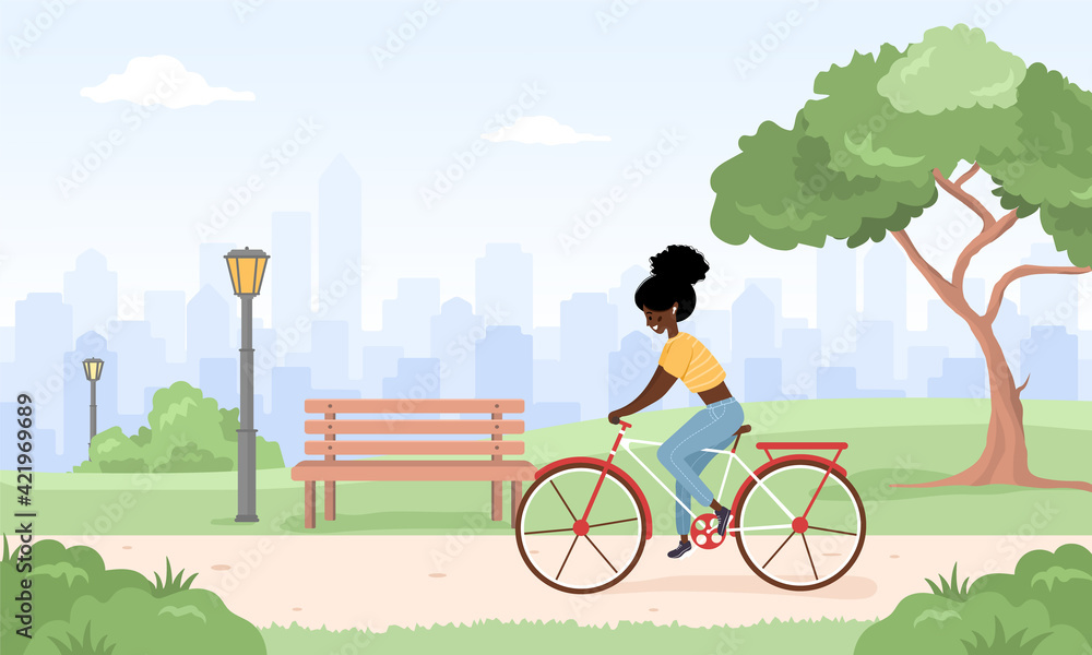 African woman on bicycle rides around city. Spring landscape. Summer background. Cute happy young girl on bike at park. Sports and leisure outdoor activity. Vector illustration in flat cartoon style.