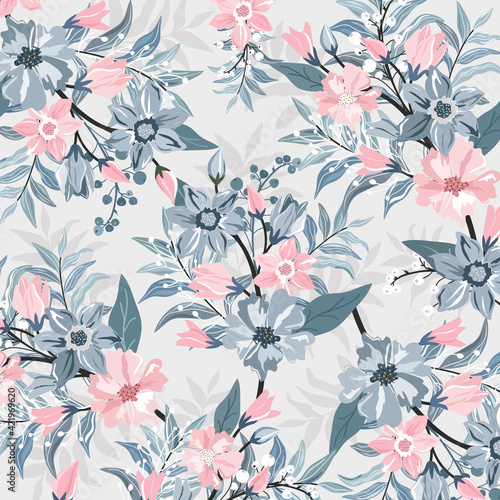 Pink and blue blossom with blue leaf pattern.