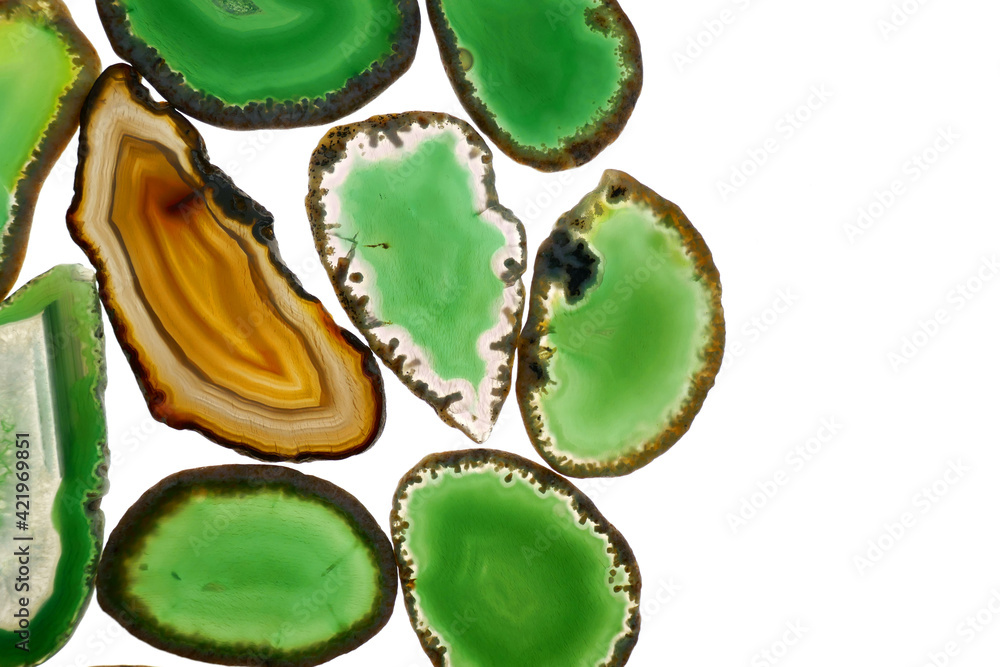 green and brown agate stones set. slices of natural stone isolated on white background. Agate pattern In green and brown tones.Texture of natural stone agate.Agate geode crystal. green and brown agate stones set. slices of natural stone isolated on white background. Agate pattern In green and brown tones.Texture of natural stone agate.Agate geode crystal.