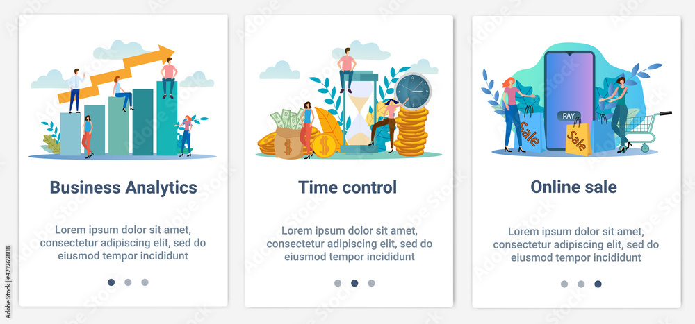 Modern flat illustrations in the form of a slider for web design. A set of UI and UX interfaces for the user interface.The topic is Business analytics, time control and online sales.