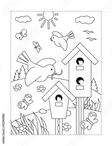 Coloring page with birdhouses and birds feeding their nestlings
