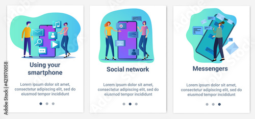 Modern flat illustrations in the form of a slider for web design. A set of UI and UX interfaces for the user interface.The theme is Social networks and messengers.