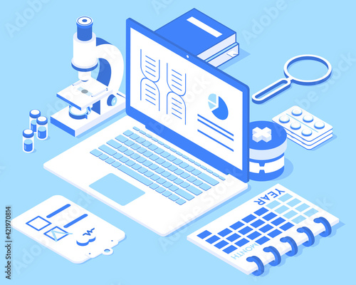 3d set of laboratory elements. Laptop, microscope, ampoules, calendar, tablet, magnifier, pills, books. Vector illustration in modern isometric style. Isolated on blue background 