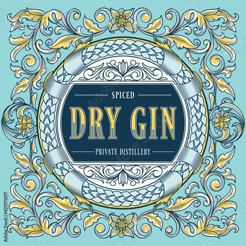 Dry gin - ornate vintage decorative label