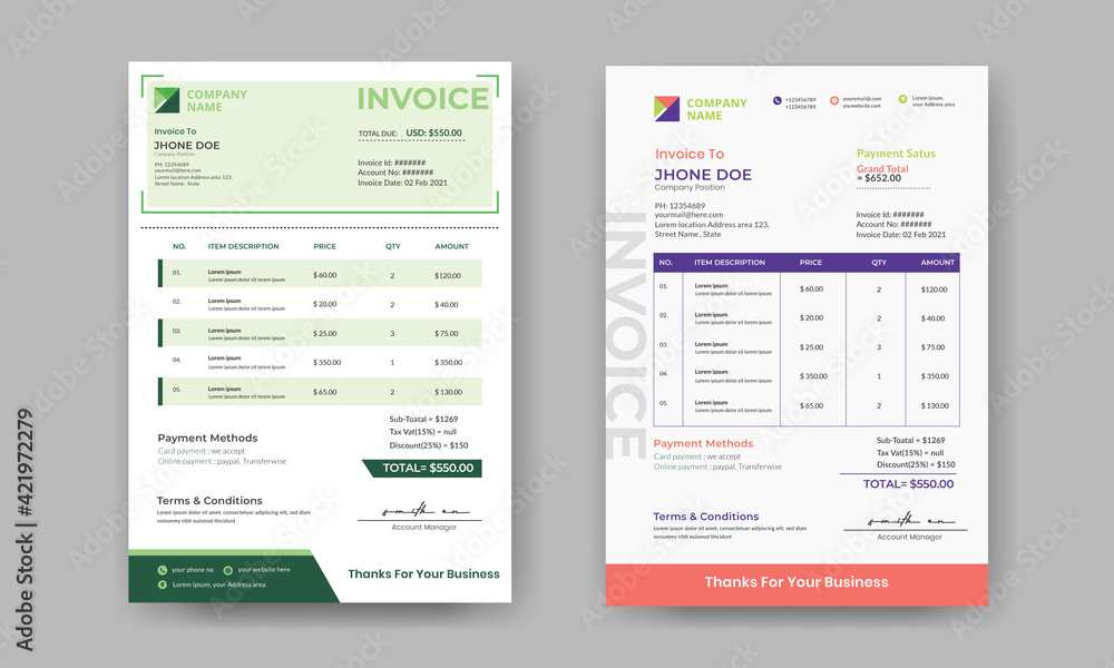 Invoice template set, billing template for business, invoice layout, minimal design	
