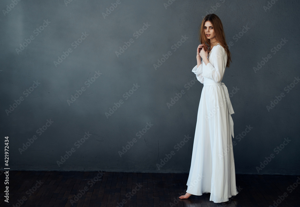 beautiful woman in white dress attractive look luxury charm gray background model beautiful woman in white dress attractive look luxury charm gray background model