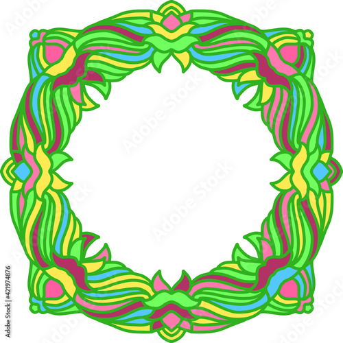 Abstract mandala frame. Asian floral pattern. Colorful authentic border. Vector illustration. Copyspace.