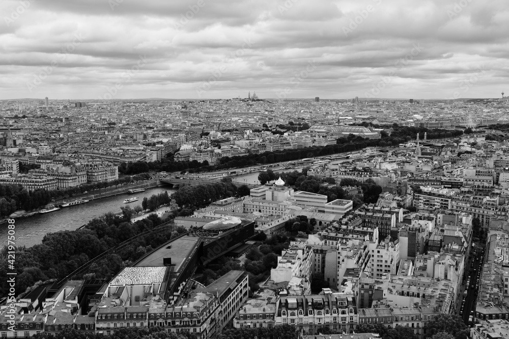 Black and White Paris Cityscape with Seine River