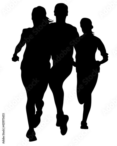Young athletes run a marathon. Isolated silhouettes on white background