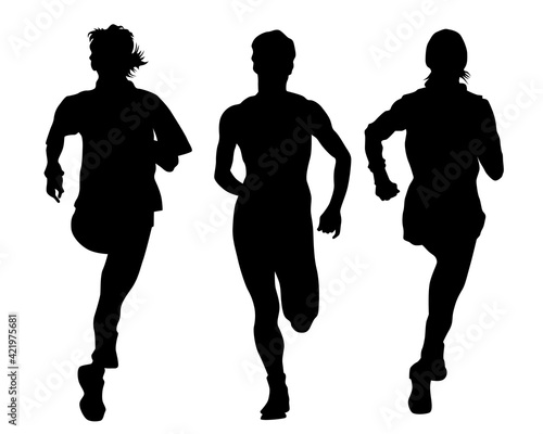 Young athletes run a marathon. Isolated silhouettes on white background