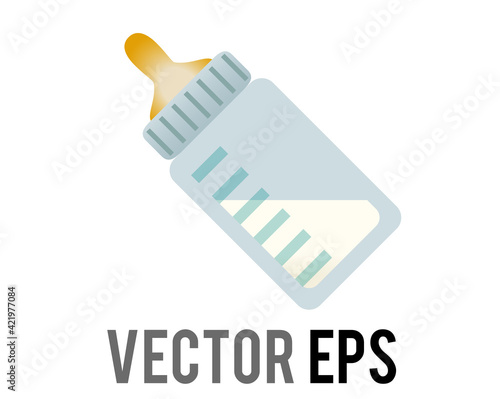 Vector bottle of milk or formula icon with bluish cap and rubber nipple or teat